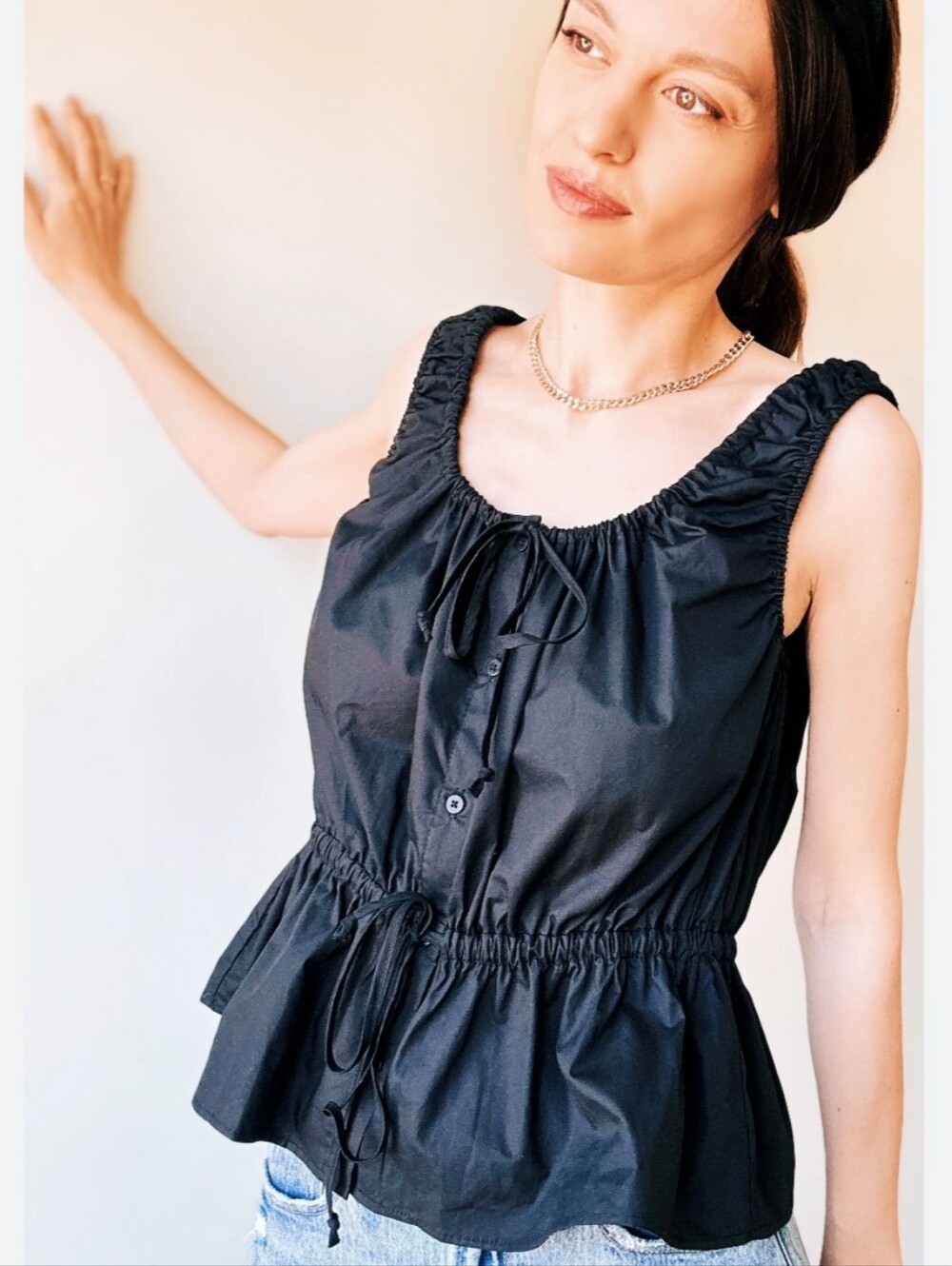 VICI black 100% Cotton sleeveless top lightweight cinched waist draw string